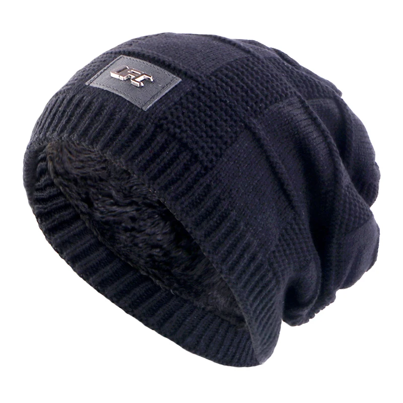 New Winter Warm Hat Men\'s Outdoor Wool Knitted Cap Plus Fleece Beanie Label Casual Knitted Hat Outdoor Windproof Warm Skull Cap