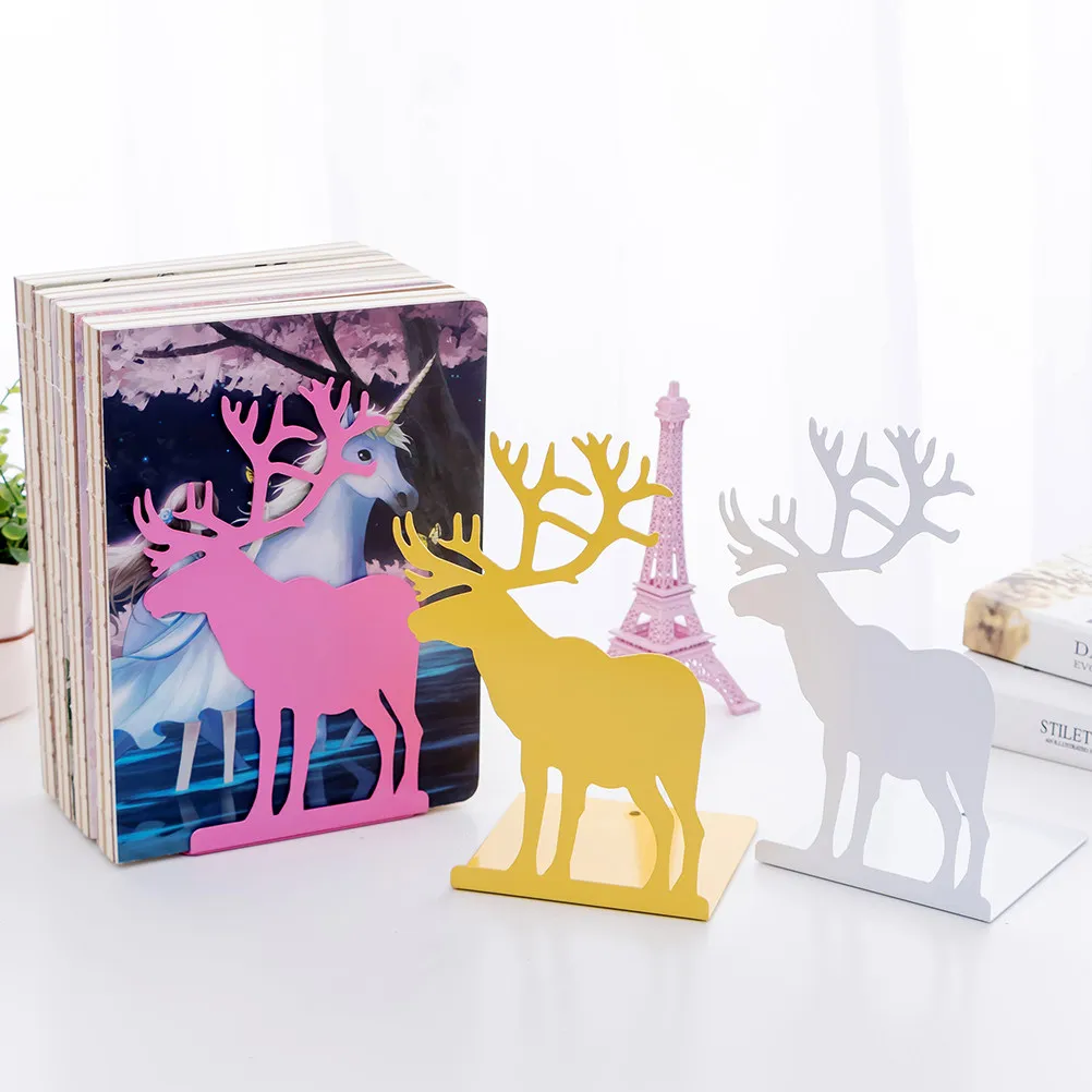 1Pair Elk Book Stand Metal Bookend Retro Reindeer Shape for Desktop Decoration Book Storage Organizer Home Office