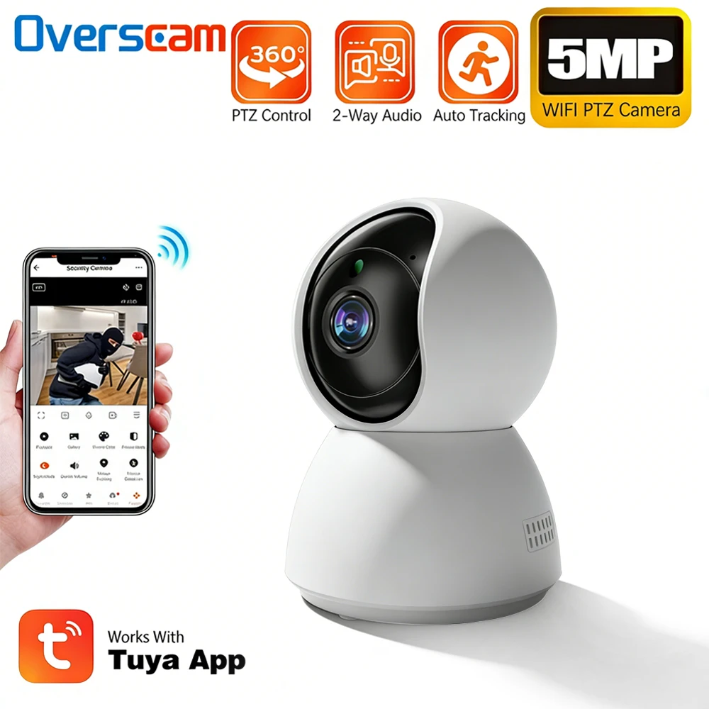 

5 МП Wi-Fi IP-камера Tuya Smart Life для дома, миниатюрная беспроводная камера видеонаблюдения для внутреннего использования с функцией автоматического отслеживания