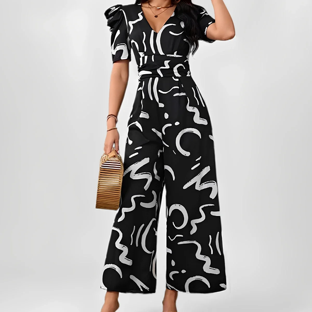 

Women's Jumpsuits Summer Fashion Full Print Puff Sleeve V-Neck Ankle Wide Leg Streetwear Jumpsuits