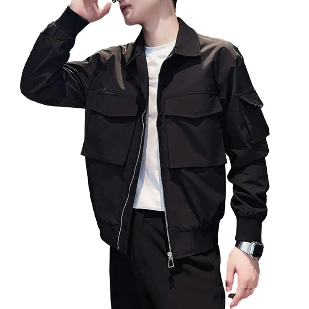 Men Jacket Jacket Loose Zipper Closure Long Sleeve Buttons Lapel Multiple Pockets Casual Hip Hop Streetwear Men Coat