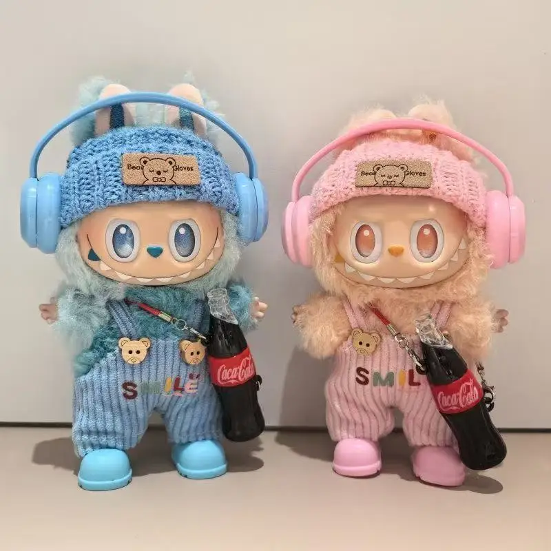 17cm Labubu 의류 마카롱 세트 어깨 끈 바지 모자 헤드폰 신발 음료 3.0 Labubu 의류 인형 액세서리 선물
