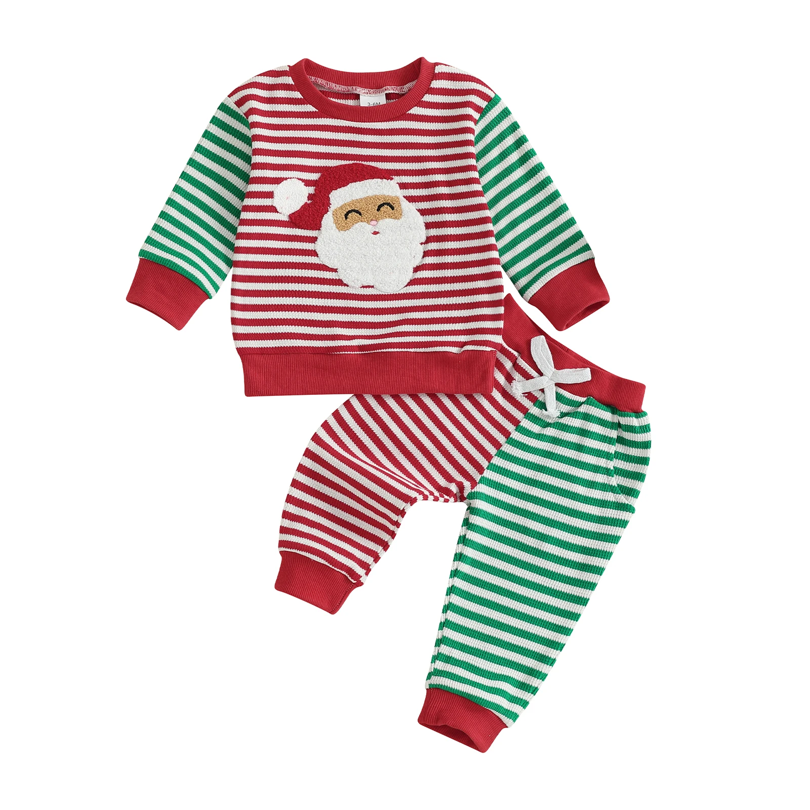 

Toddler Baby Fall Striped Set Santa Claus Embroidery Long Sleeve Round Neck Pullover Bow Pants with Pocket 2 Pcs Outfit