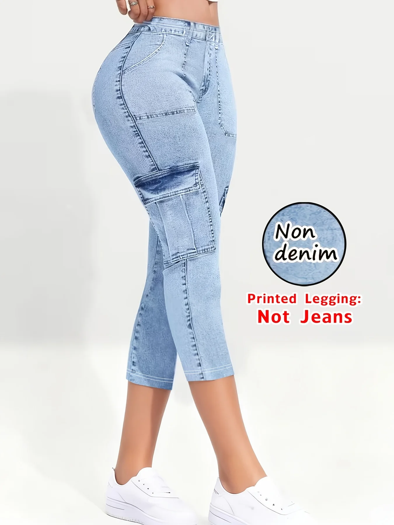 Damen Capri-Hose mit Fake-Denim-Print, hohe Taille, Skinny-Stretch, verkürzte Hose, lässige Slim-Fit-Hose in 7/8-Länge – Detail 1