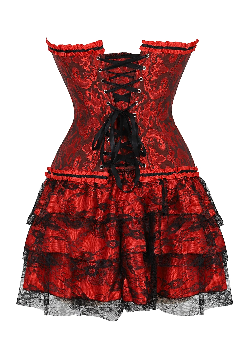 Gothic Red Lace Up Corset Dress Top for Party 2 Piece Sets Womens Outfit Victorian Lingerie Dress for Date Night Sexy Curvy