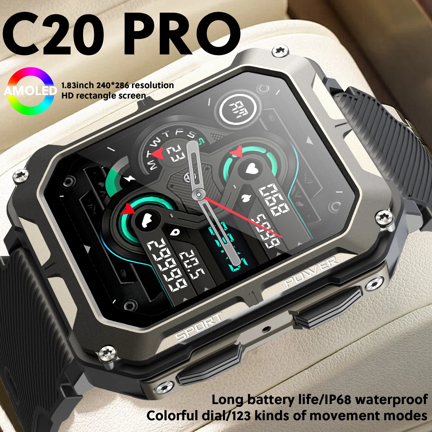 Men's Smart Watch C20 PRO 1.83-inch Screen Smart Watch Heart Rate And Blood Pressure Control Music BT Telephone Outdoor Sports