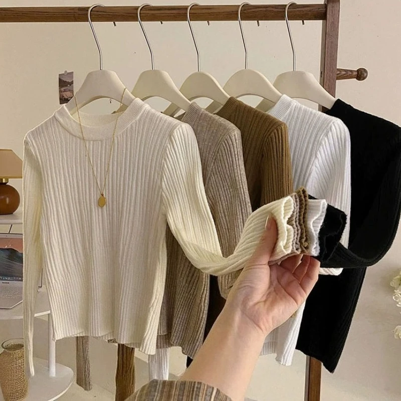 2026 Irregular Texture Andy Fleece Long Sleeve Knit Women Pullover Autumn Winter Slim Innerwear Premium Simple Basic Sweater