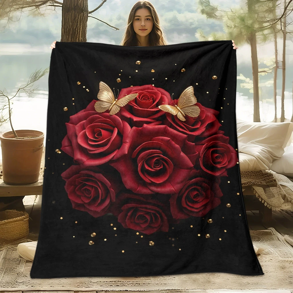 

Top pick1pc Rose Butterfly Flannel Blanket 100% Polyester All-Season Cooling Soft Breathable Family Friends Gift