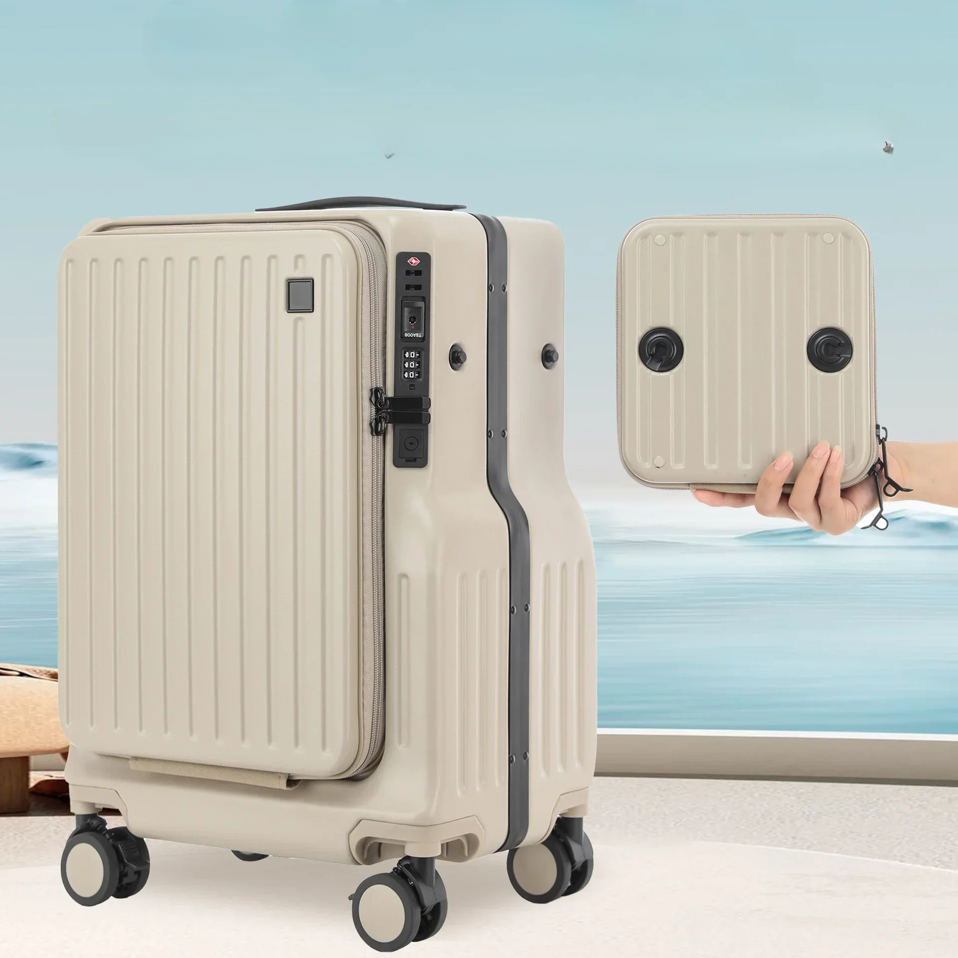 Mala de bagagem com abertura dupla, capa frontal aberta, capa de embarque de 20 polegadas, capa com zíper anti-queda, carrinho multifuncional