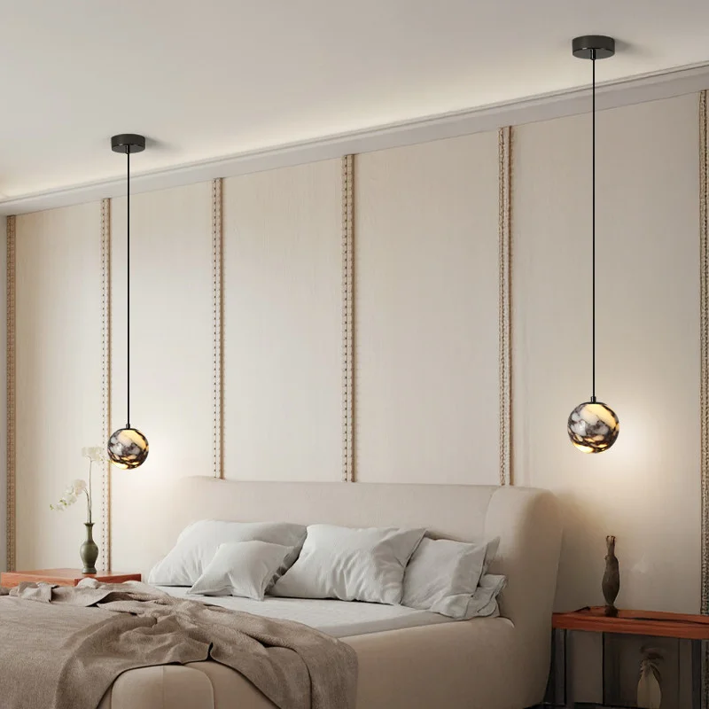 High-End French Pendant Light for Bedroom Headboard, Bulgari Marble Style Luxury Hanging Lamp with Exquisite Craftsmanship view 5