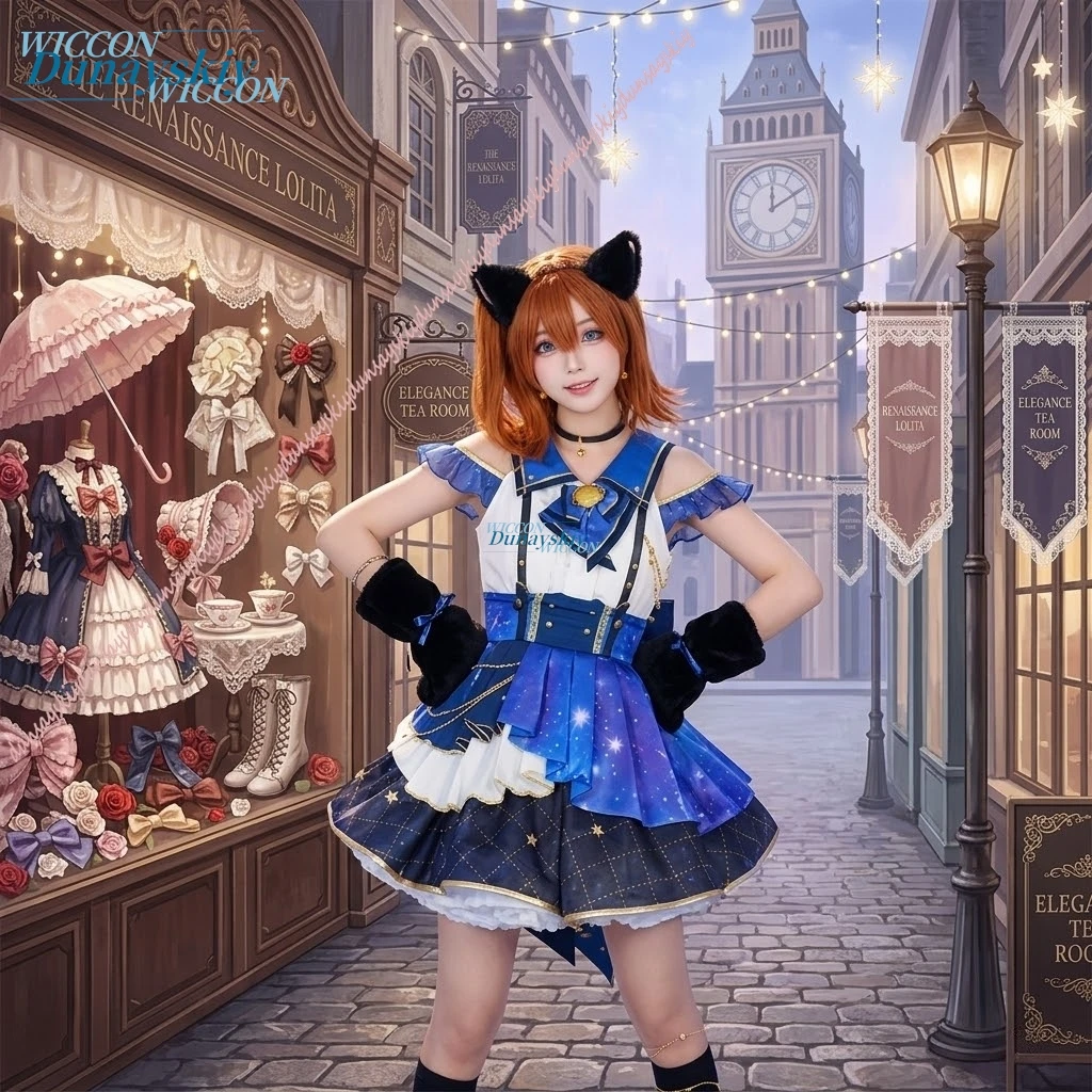 Disfraz de Cosplay para mujer, peluca, vestido azul a la moda, LoveLive Night Sky Cat, falda Lolita, traje de carnaval, colección Lolita