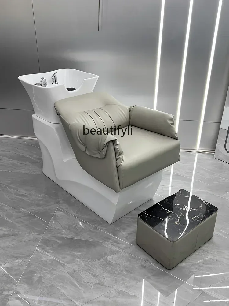 ss newLying Half Flushing Bed Barber Shop Shampoo Chair Beauty Salon Stainless Steel Bottom Ceramic Basin Half Lying Bed