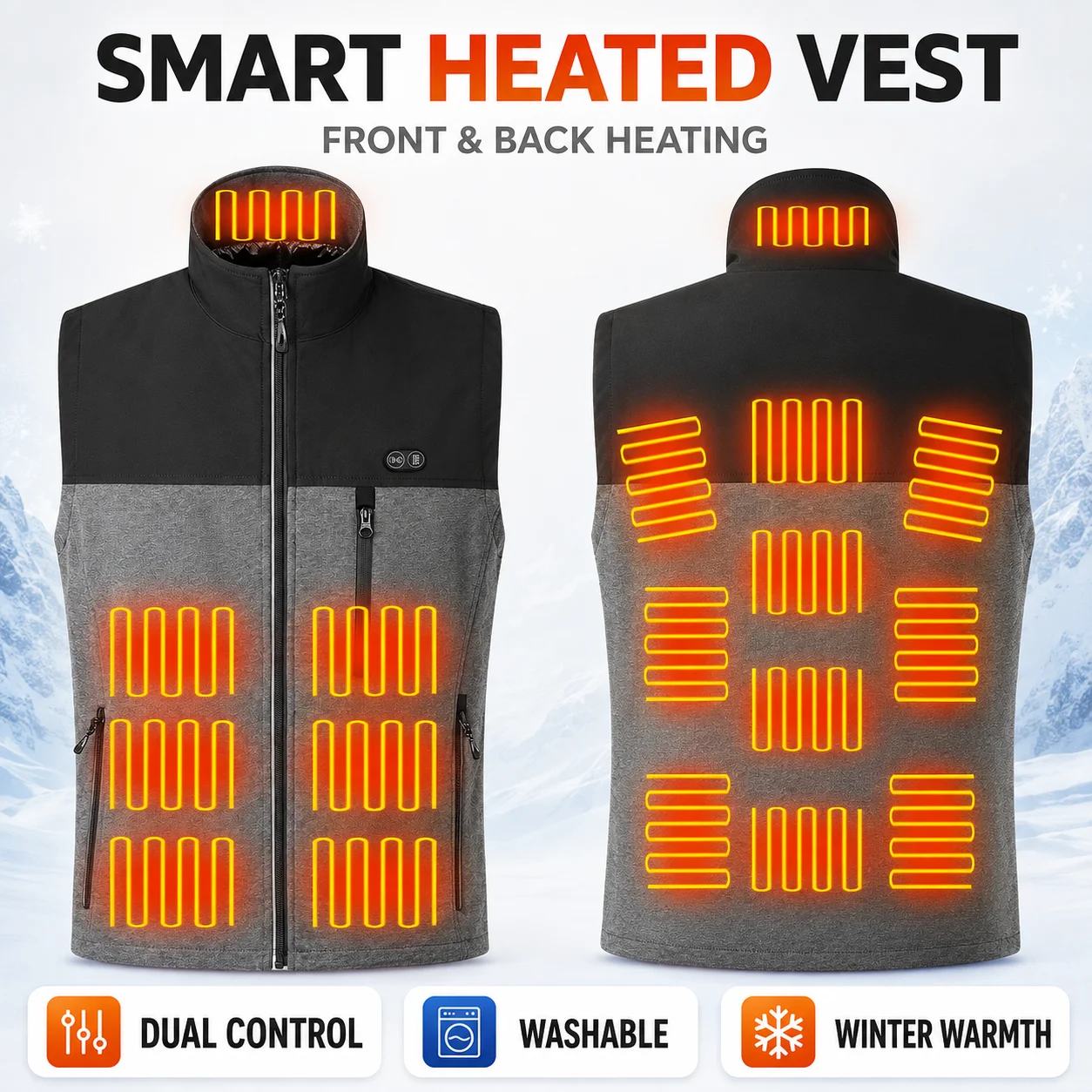 Smart Dual-Control Heated Vest for Men Women Front Back Heating Washable Winter Thermal Waistcoat for Outdoor Cold Weather