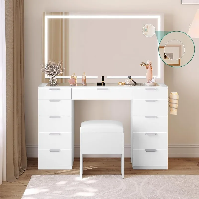 Vanity Desk Set with Large LED Lighted Mirror & Power Outlet, Glass Top Vanity with 11 Drawers and Magnifying Glass, 46'' Large