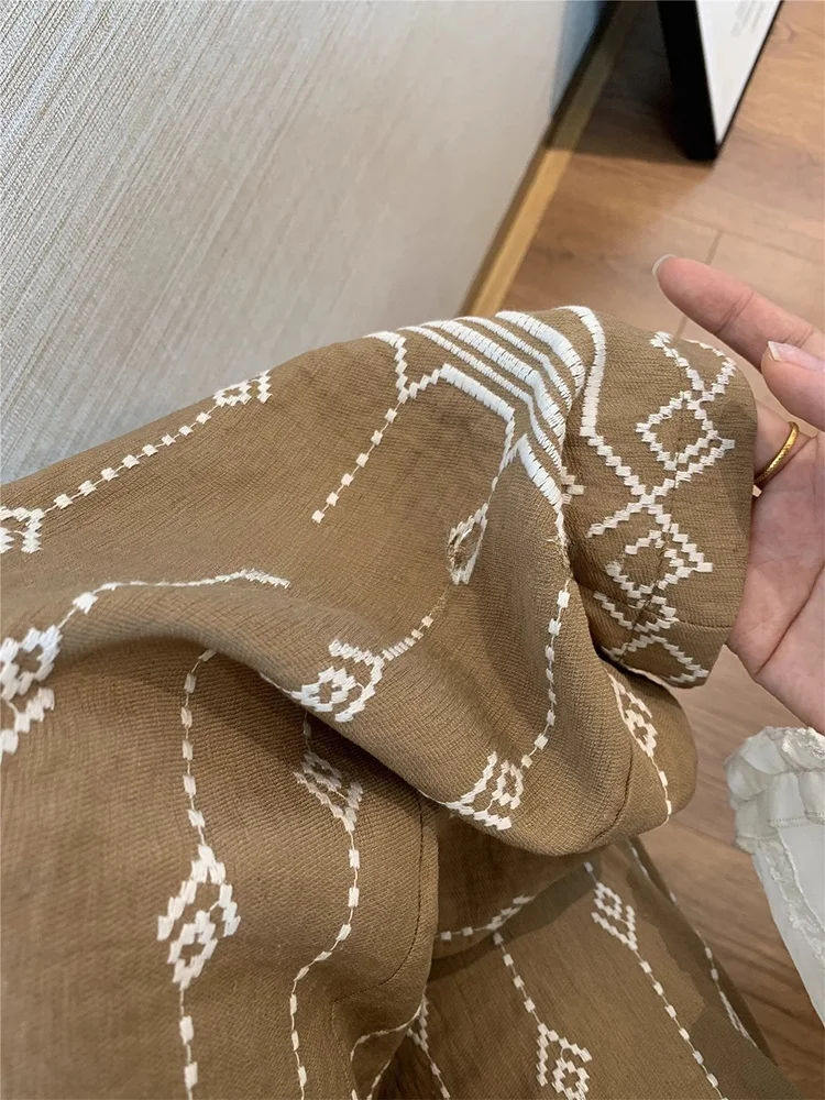 

Rouje Kefss Vintage Embroidered Linen Casual Pants Women Summer Loose Straight Cotton Linen Trousers High Waist Long Pants