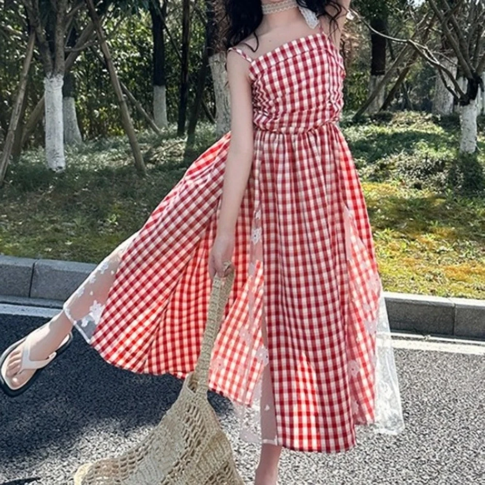 

Breathable Suspenders Children Plaid Dress Sleeveless Princess Kids Grid Long Dress Loose Red Girls Patchwork Skirt Travel