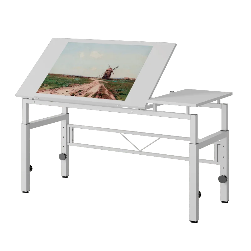 Table de dessin réglable blanche, hauteur 77-100 cm et 0-60 °   Bureau inclinable en acier et en bois, avec pieds réglables, idéal pour le bureau, les études, les activités artistiques et les salles de classe.