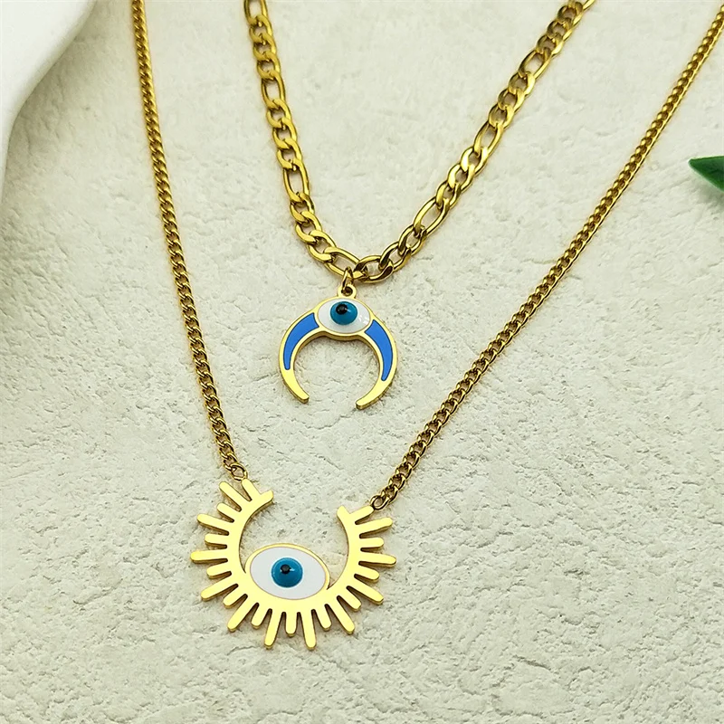 

Evil Eye Crescent Moon Pendant Necklace For Women Men Stainless Steel Gold Color 2 In 1 Creative Female Chain Jewelry Gifts