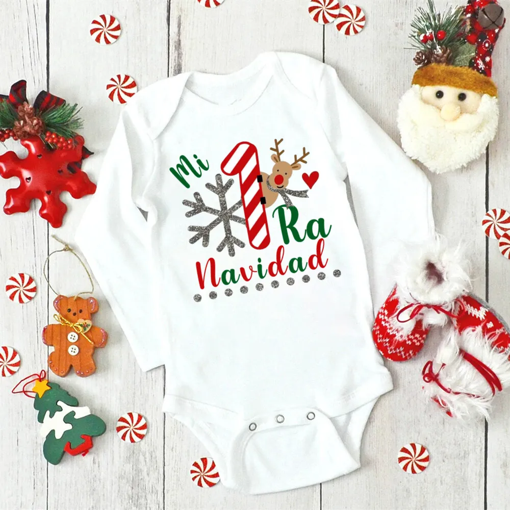 My First Christmas Spanish Printed  Baby Bodysuit Newborn Long Sleeve Romper Infant Holiday Xmas Outfit Toddler Baptism Clothes