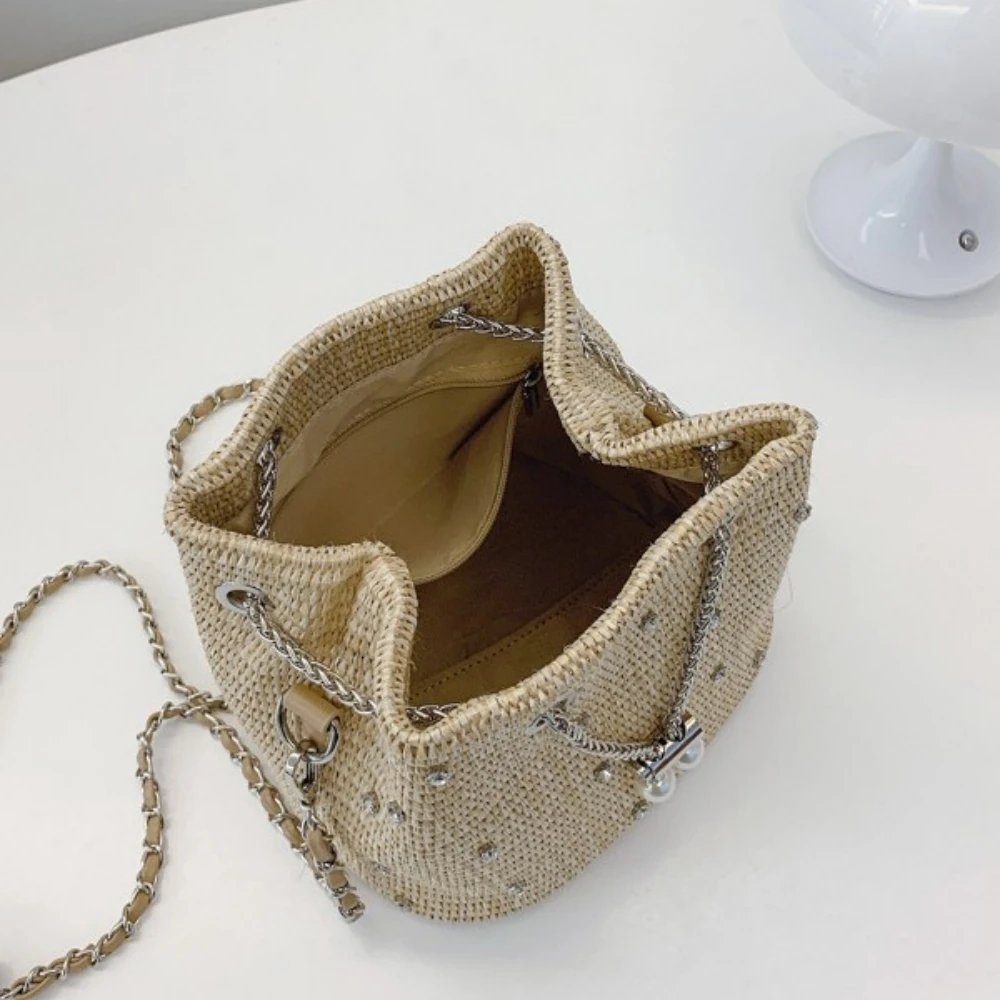 Women's Summer Bag Straw Bag High-End Feel Shoulder Bag  Pearl & Diamond Encrusted Chain Bucket Resort Style Woven Handbag