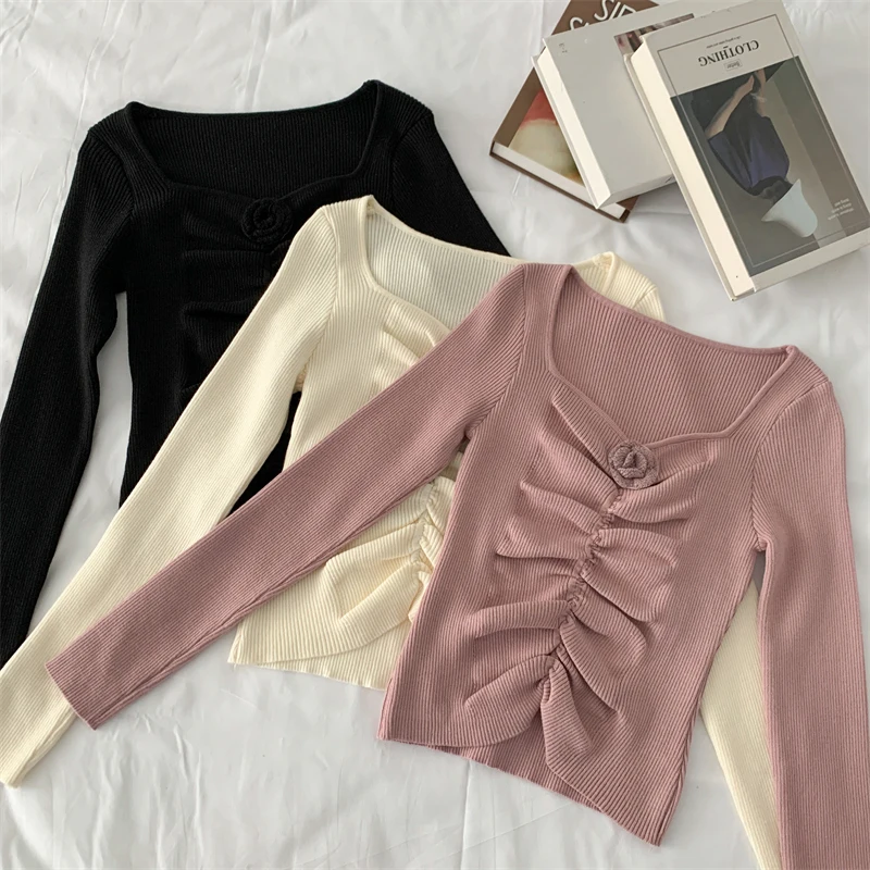 QOERLIN Square Collar Long Sleeve Knitted Tops Solid Flower Front Pleated Short Cropped Tops Slim-Fit Sexy Sweater Pullovers