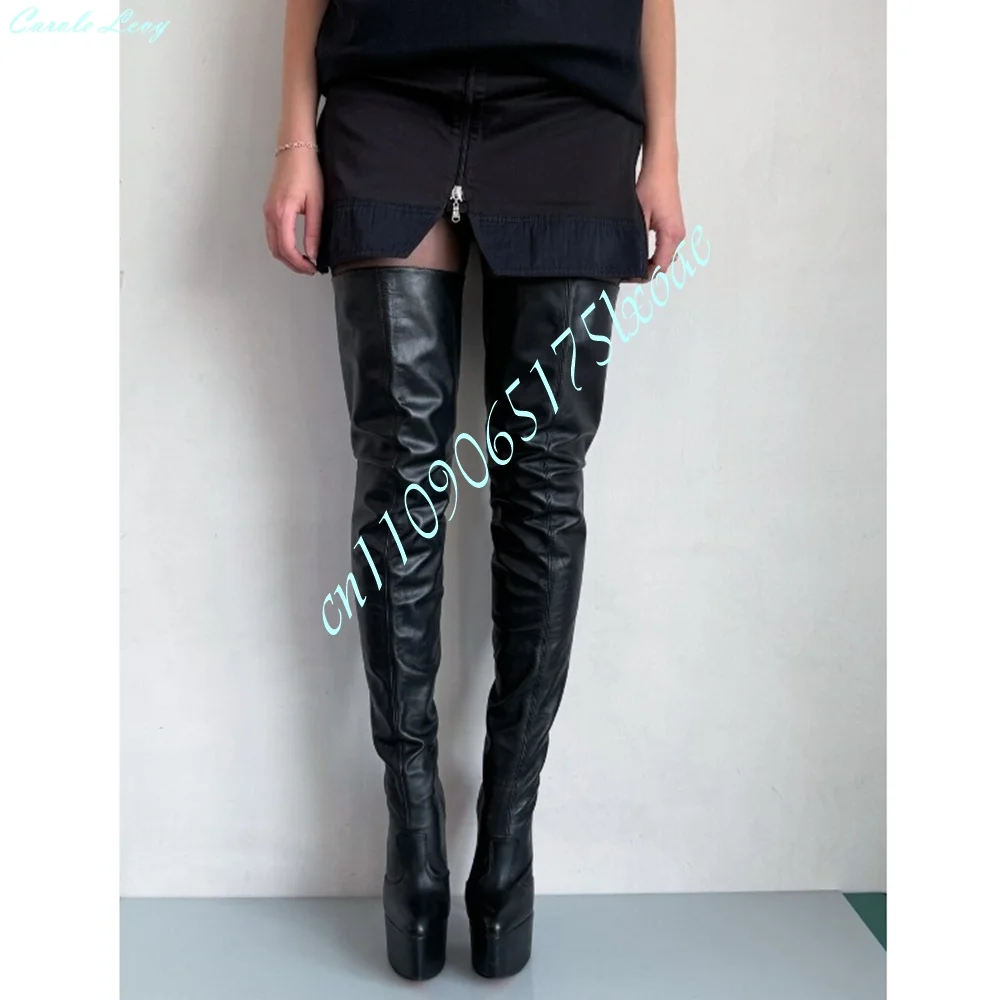 Sexy Black Stretch Leather Full Back Zipper Thigh High Boots Women Pointed Toe Super Platform Thin Spike Stiletto Heel Nightclub