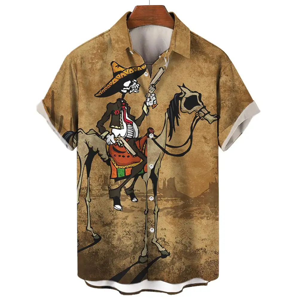 الهيب هوب قميص الجمجمة دراجة نارية مطبوعة قميص رجالي عادية قصيرة الأكمام تيز قميص خمر للرجال ملابس فضفاضة الشارع الشهير #3