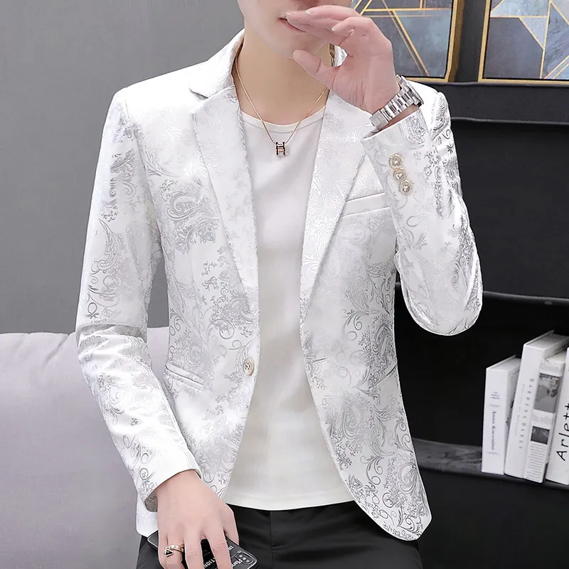 

Casual Korean Sle Men's Suit Jaet Night Market Personali Slim Fit Single Breasted Faionable Polyester Fiber Long Sve