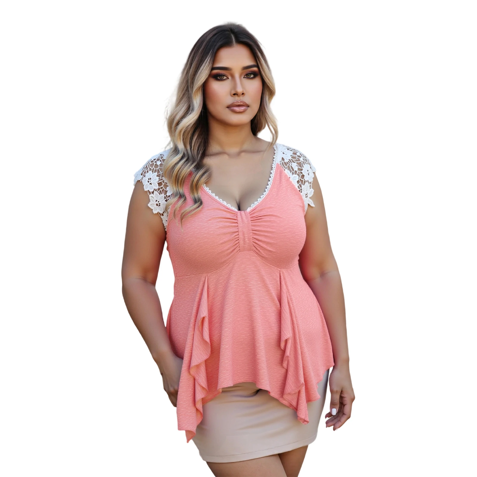 

Женская летняя футболка больших размеров, повседневные кружевные лоскутные топы с нерегулярными оборками и короткими рукавами для уличной одежды