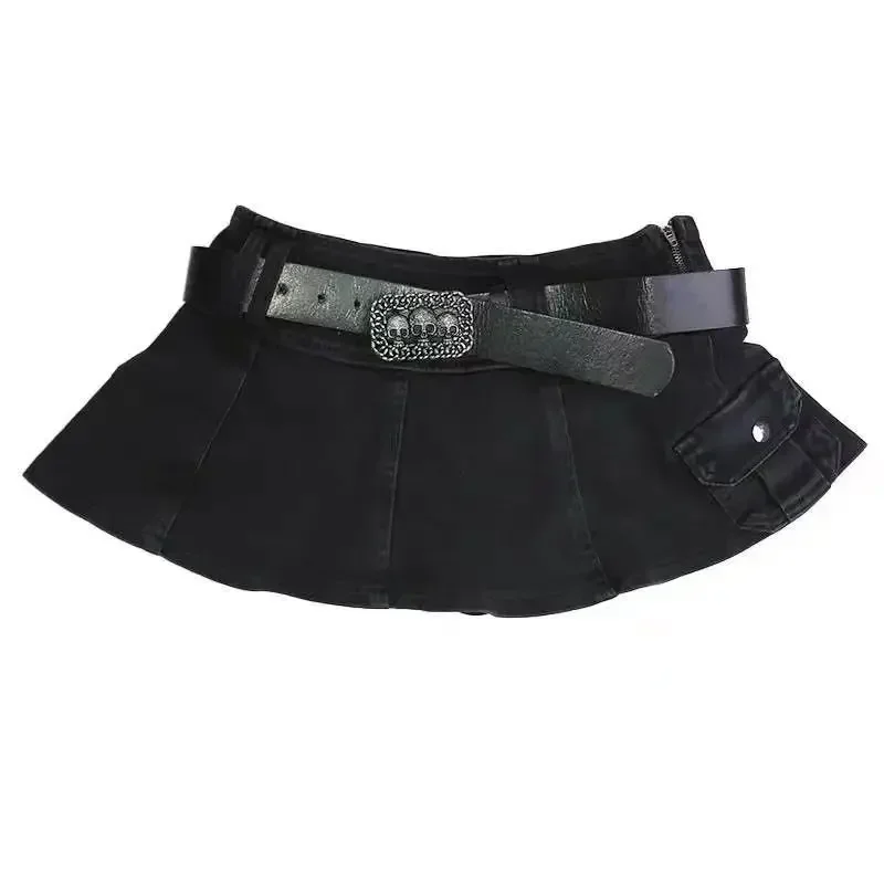 Ins Harajuku Low Waist Mini Pant Skirt with Belt Women Sexy Black Sashes Denim Skirts Female Y2k Punk Grunge Clubwear Mujer New