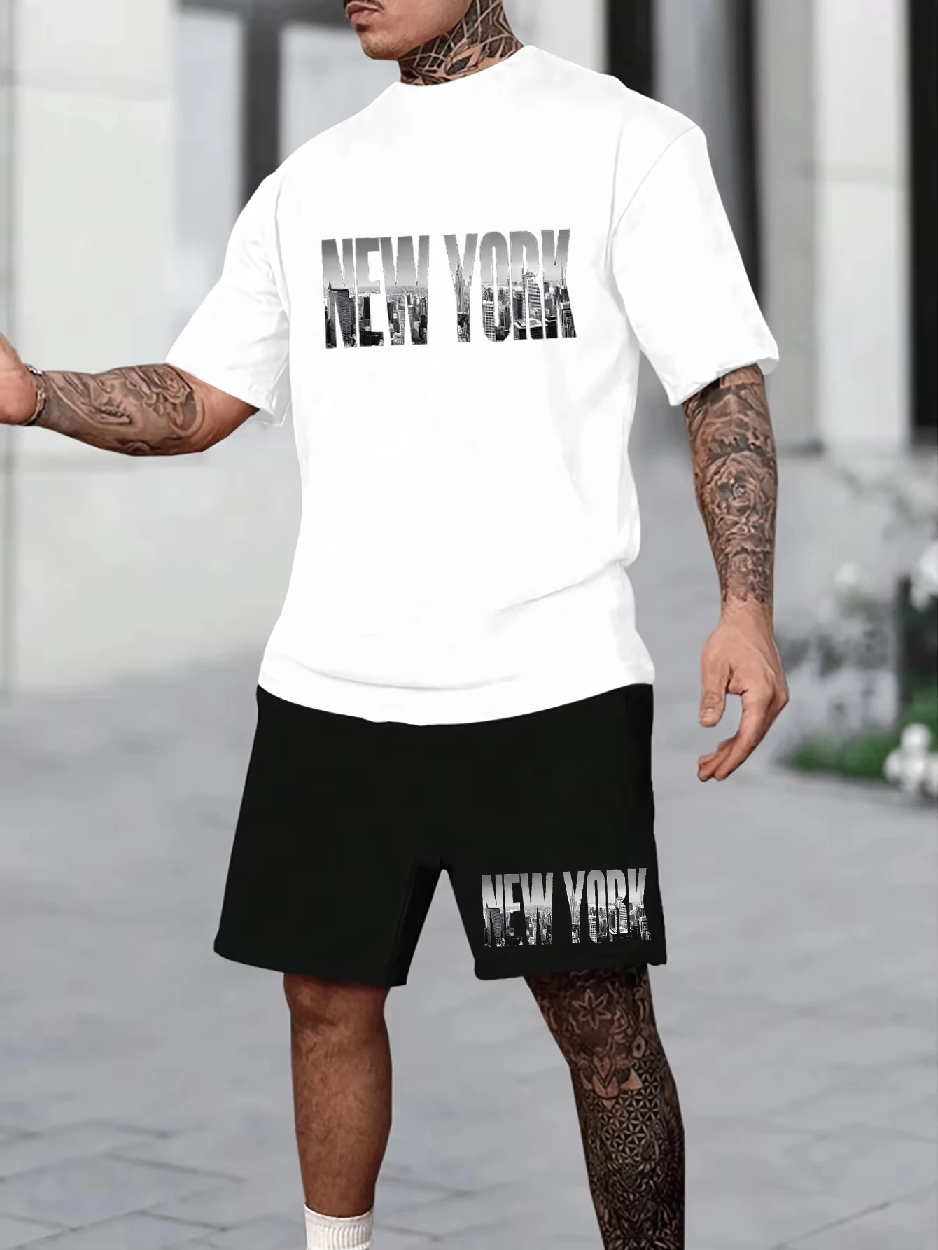 

Summer Men's 100% Cotton Casual Loose Version Large Size New York City Pattern Printed Crew Neck T-Shirt Shorts Set