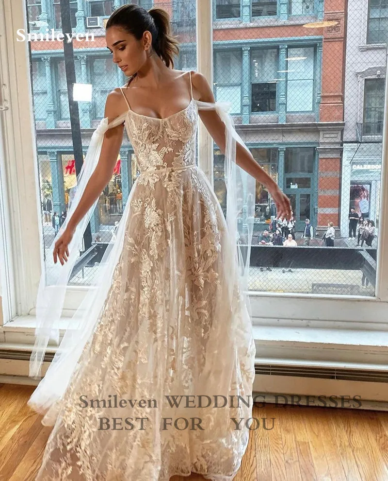 Smileven Spaghetti Straps Wedding Dress Lace Appliques Sexy V Neck Bridal Dress Elegant Lace Boho Wedding Gowns