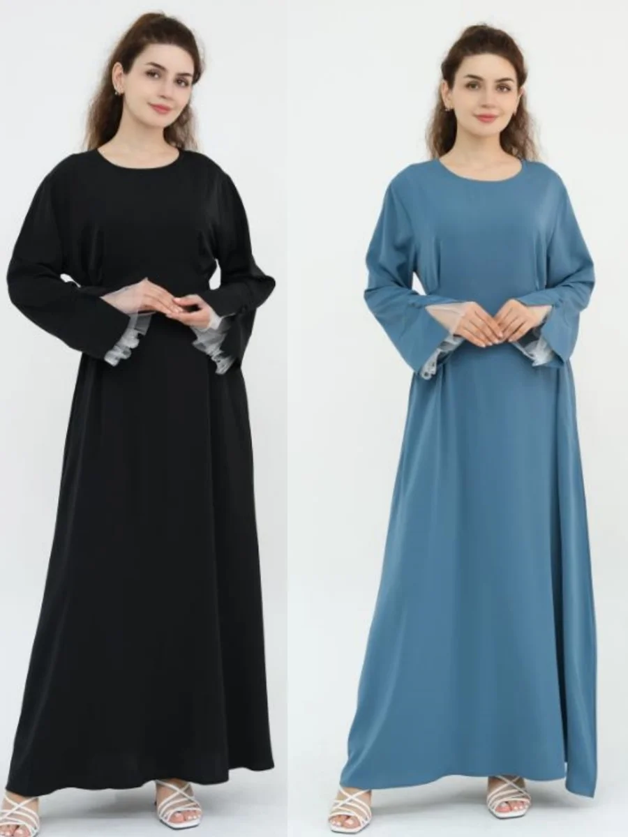 

Muslim Women Dubai Abaya luxury Lace pacthwork Sleeve Long Dress Solid Modest Ramadan Kaftan Robe Femme African Islam Clothing