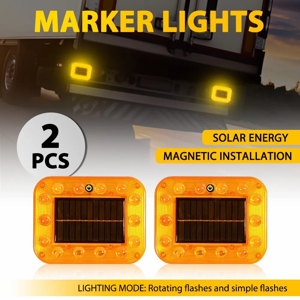2Pcs Amber Magnetic Strobe Flashing Lights For Cars Truck Trailer Tractor Square Side Light Solar-Powered Rotating Flashes