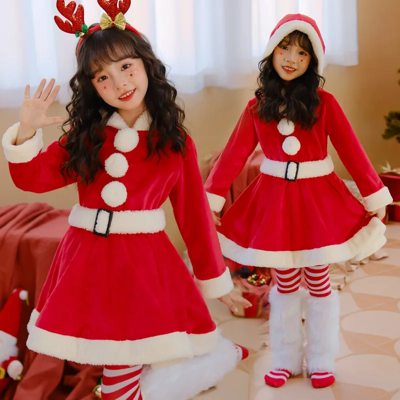 Christmas Girls Dress Clothing Elk Dress Red Skirt Girls Santa Claus Cosplay Costume New Year Fancy Long Sleeve Dress Xmas Gifts