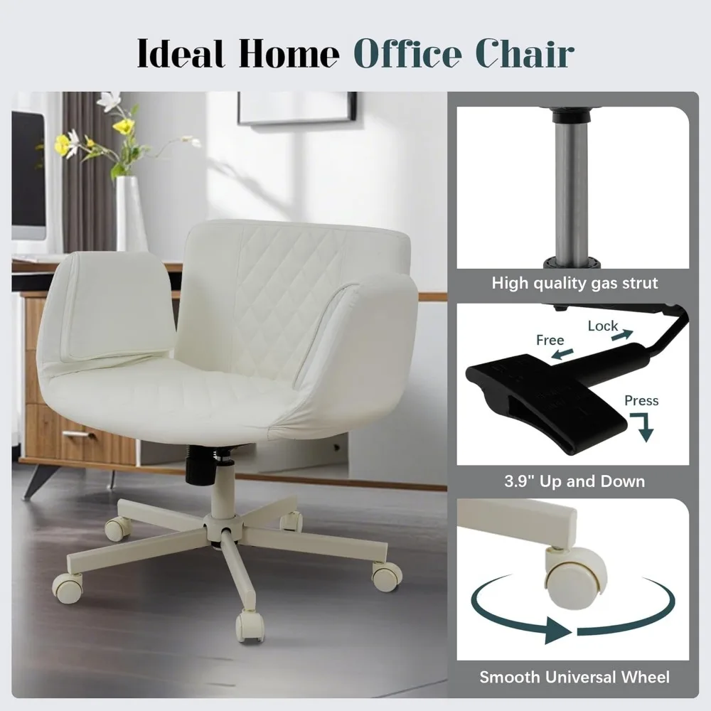 كرسي مكتب، كرسي متقاطع مع عجلات ومساند للذراعين قابلة للتعديل، كراسي مكتب من جلد البولي يوريثان للمنزل والمكتب وغرفة النوم (أبيض) #4