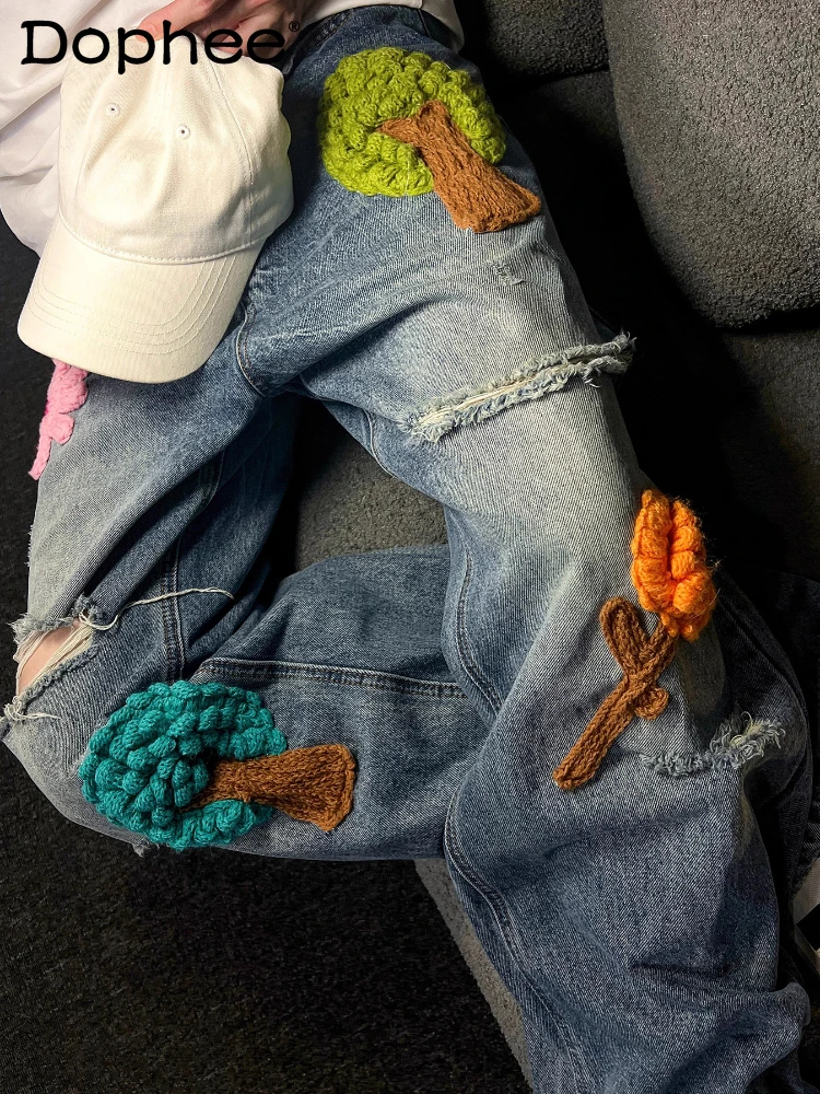 

Men Women Couple Long Pants Trendy Jeans Personalized Design Three-Dimensional Flower Embroidered Loose Hole Comfort Denim Pants