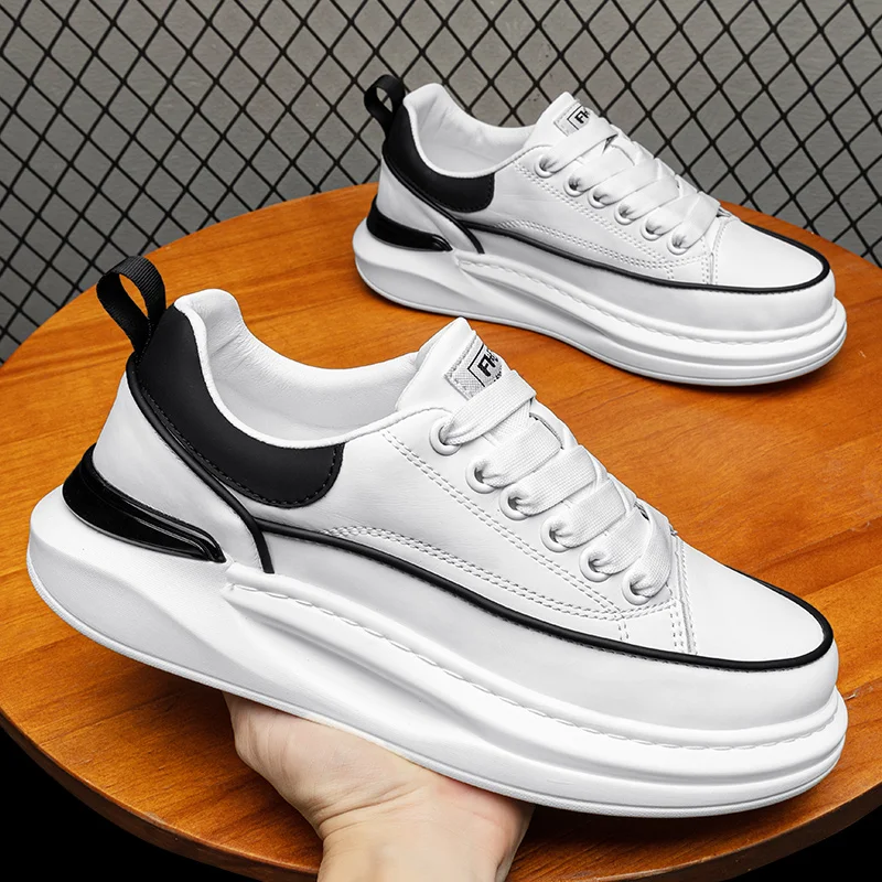 

Korean design mens casual sports shoes lace-up flats white shoe breathable original leather sneakers platform footwear zapatos