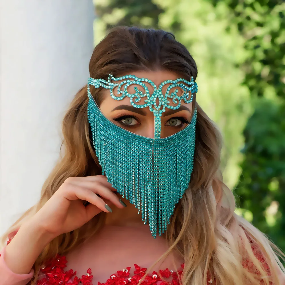 2023 Red Tassel Mask Glitter for Women Face Full Crystal Halloween Masquerade Headwear Sexy Bridal Veils Mask Elegant Rhinestone