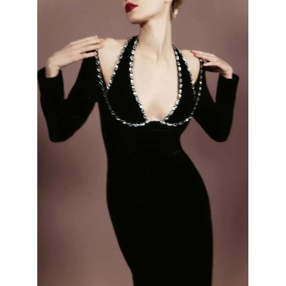 

Women Boutique Hepburn Vintage Style Deep V-Neck Diamond Long Sleeve Slim Bandage Dress Luxury Elegant Temperament Evening Dress