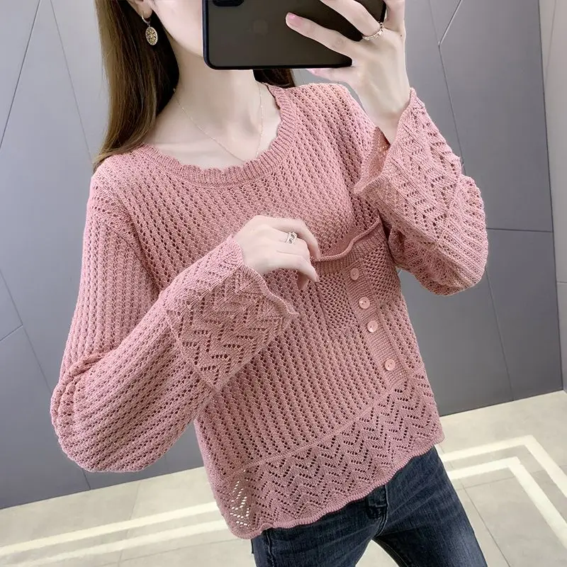 

Spring Autumn Loose Hollow Out T-shirt Solid Color All-match Women's Clothing Fashion Pockets Spliced Button Knitted Pullovers