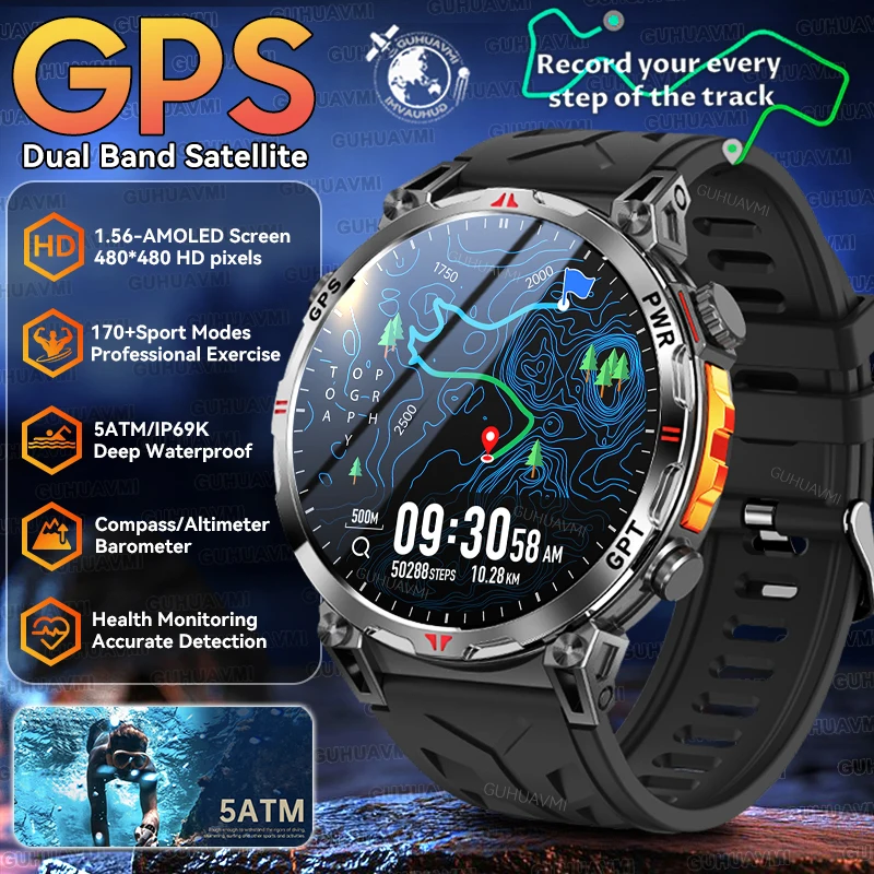 

2025Новые военные GPS спортивные умные часы для мужчин 1,56-дюймовый AMOLED-экран, компас, высотомер, 5 атм, водонепроницаемые, 560 мАч, умные часы с беспроводным вызовом