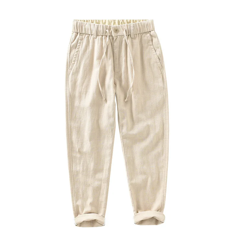 

Japanese Retro Casual Pants, Men's Solid Color Breathable Cotton Linen Straight Tube Linen Pants, Elastic Waist Drawstring