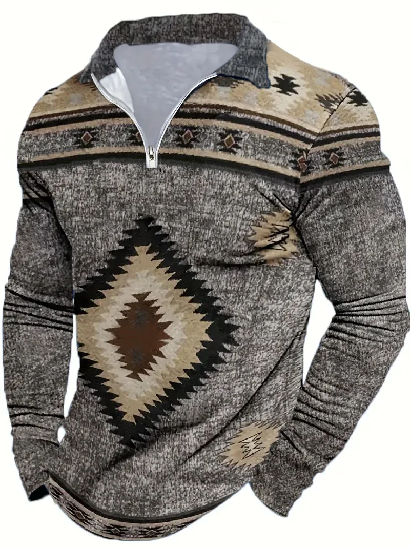 

Plus Size Men's Shirts Tops Stylish Henley Collar Geometric Pattern Print Casual Fashion Men's Spring And Autumn New Top 2024