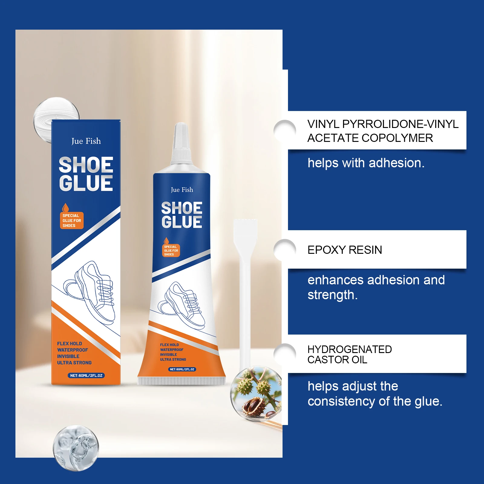 JUE FISH Shoe Glue 60ml Strong Shoe-Repairing Adhesive Waterproof Protection Strong Adhesion Invisible Repair Fast Drying Glue