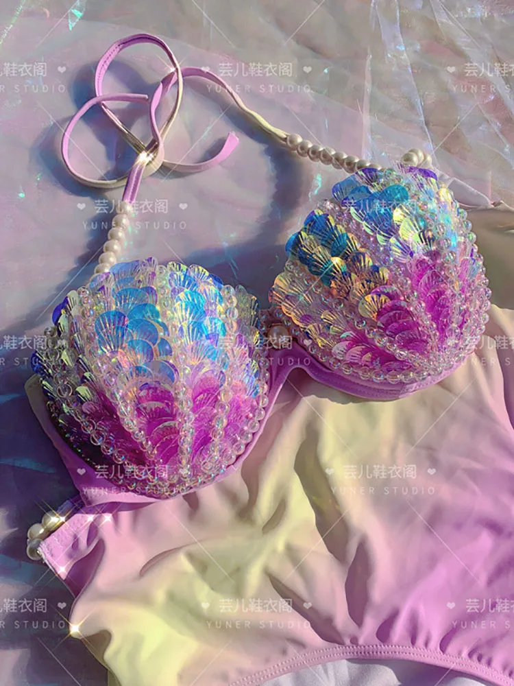 

New Thailand Shell Sequin Bikini Corset Mermaid Show Spa Vacation Split Swimsuit Gathered Sexy Corset Set