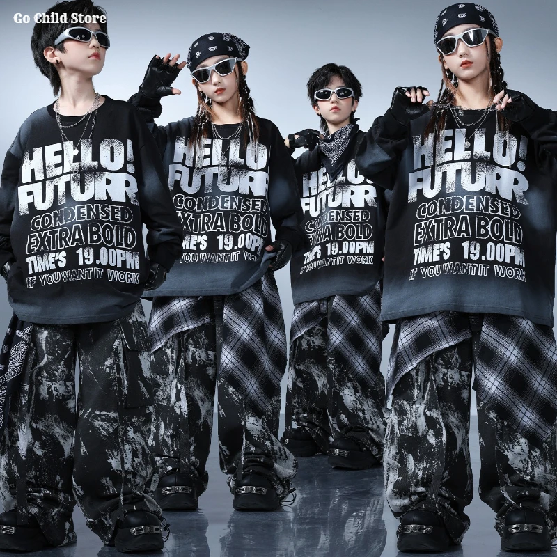 

Boys Hip Hop Letters Sweatshirt Graffiti Street Dance Cargo Pants Girls K-pop Jazz Costumes Children Clothes Set Kids Streetwear