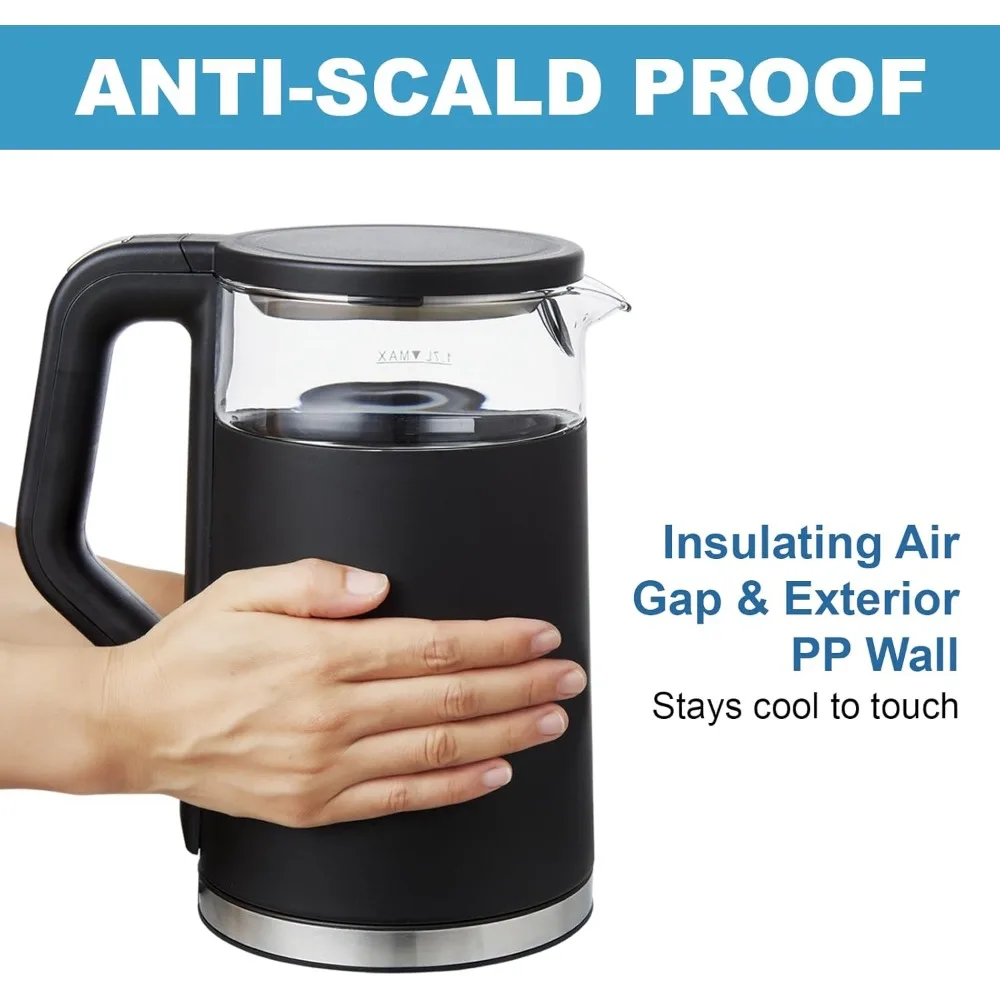 Chaleira elétrica, chaleira de água de vidro de ebulição rápida de 1500 W com controle de temperatura, base de aço inoxidável sem fio de 1,7 L, manter aquecido