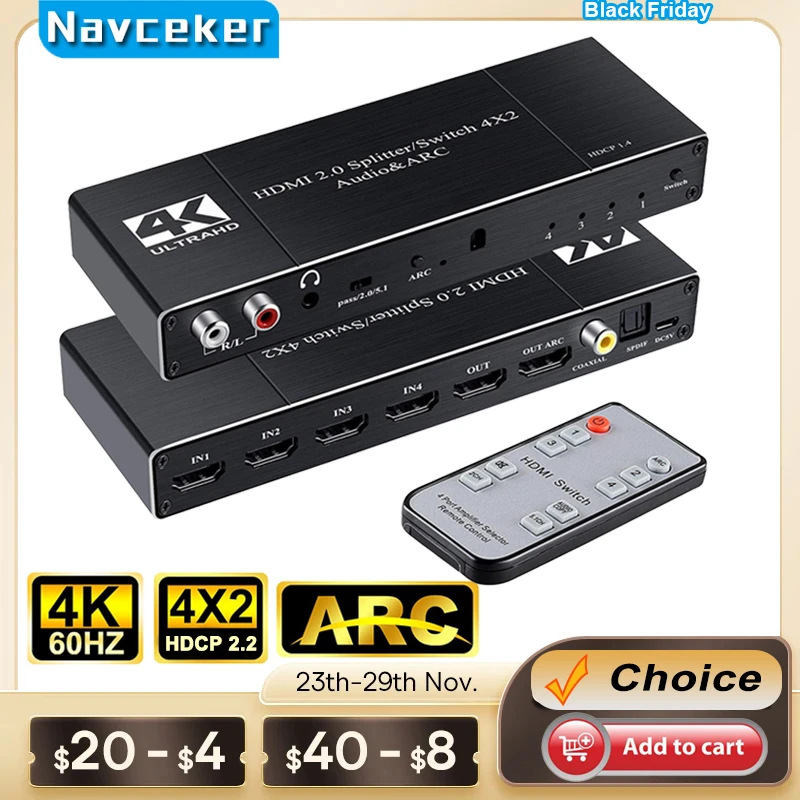 4x2 4K HDMI Switch Audio Extractor ARC & Optical Toslink 4 IN 2 OUT Switch HDMI 4K 60Hz HDMI Switcher Remote For Apple TV PS4 