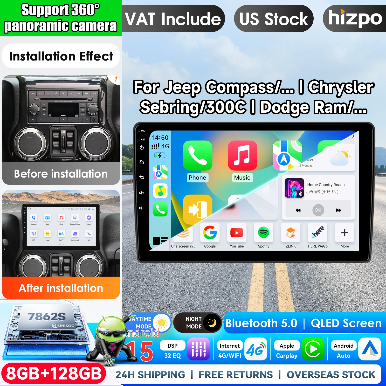 Image of Hizpo 10,1 Zoll Kabelloses CarPlay Android Auto Autoradio für Jeep Wrangler Chrysler Compass 300C Dodge Multimedia Kabelloses Apple CarPlay Intelligente Systeme IPS Touchscreen Stereo-Videoplayer 2